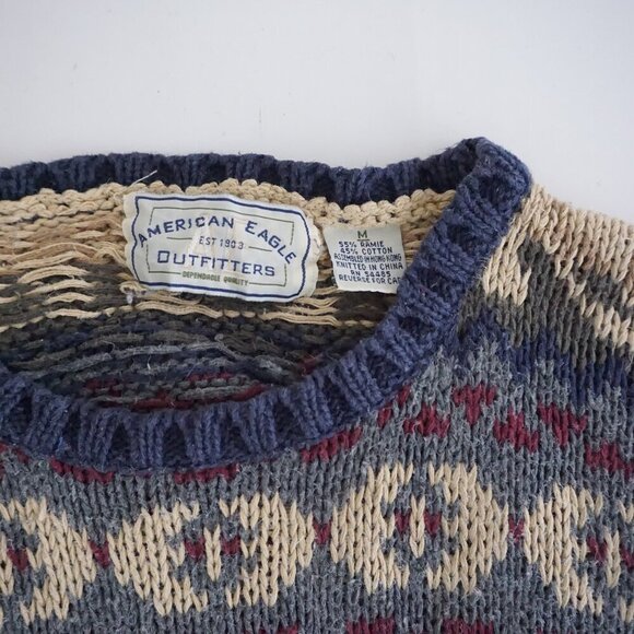 Vintage American Eagle Outfitters Taupe Blue Knit Eclectic Grandpa Crewneck M - Picture 10 of 10